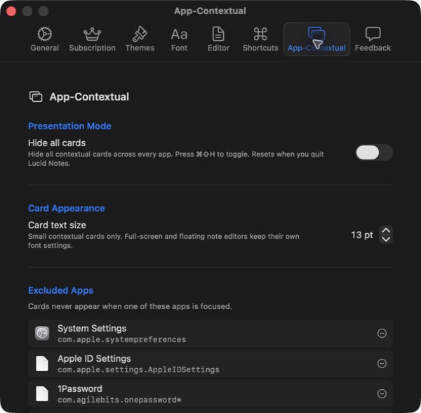 Lucid Notes App-Contextual settings showing Presentation Mode, card text size, and excluded apps
