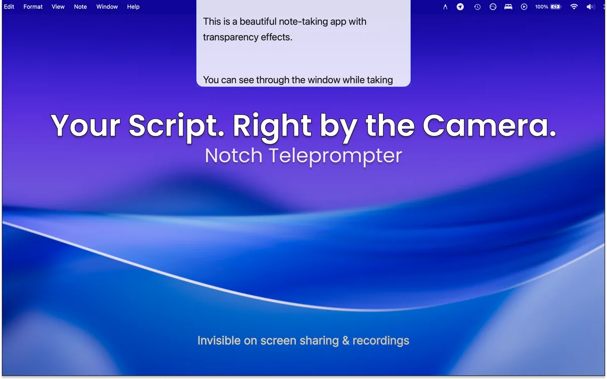 Lucid Notes notch teleprompter showing a script right beside the MacBook camera