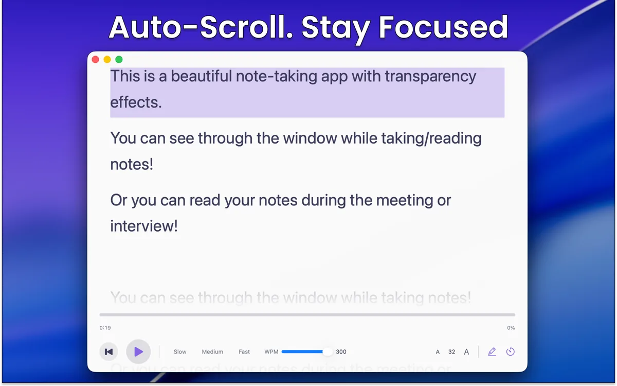 Lucid Notes teleprompter window with auto-scroll controls, speed presets, and the current line highlighted