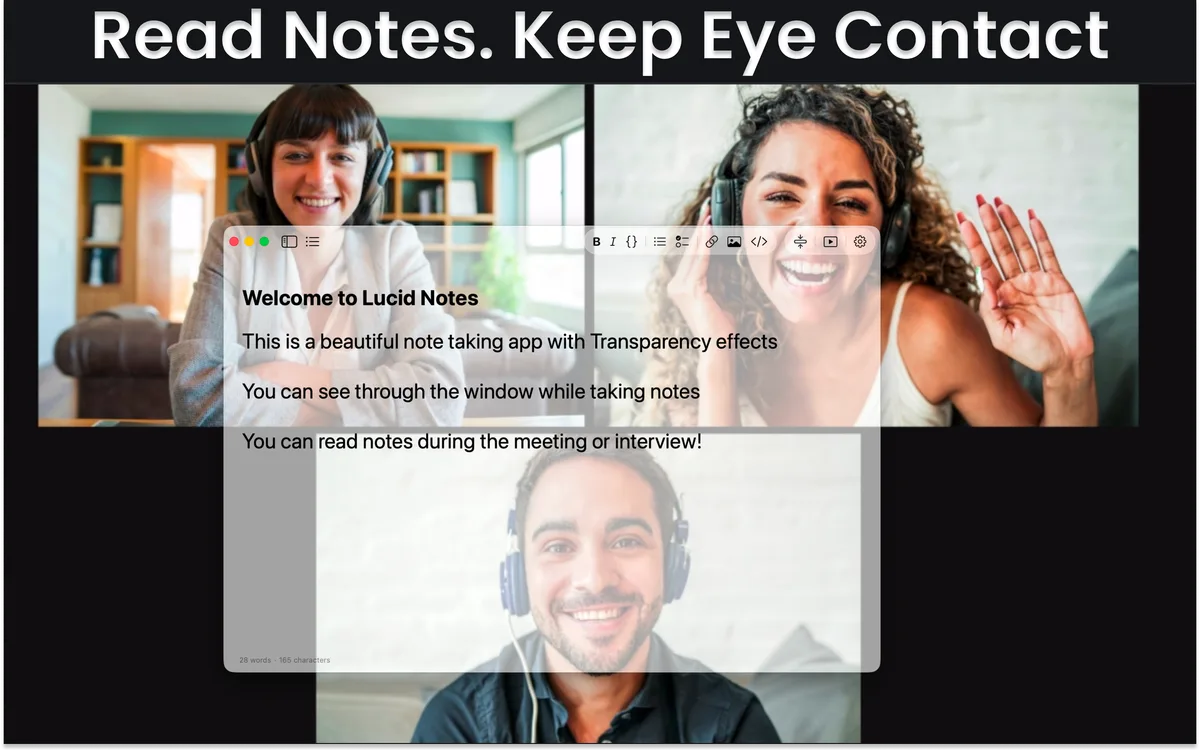 Transparent Lucid Notes window floating over a live video call, notes readable while keeping eye contact with the camera