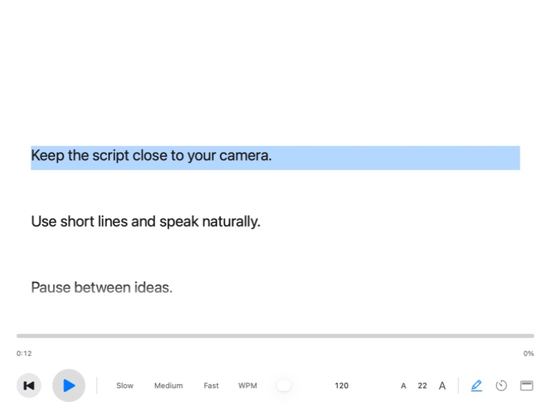 Lucid Notes teleprompter showing highlighted script text, play controls, speed presets, a WPM slider, and text-size controls